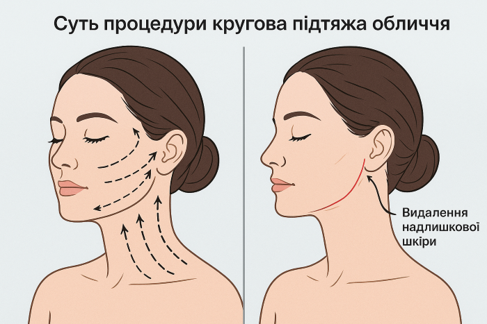 Схематичне зображення зон кругової підтяжки обличчя та шиї