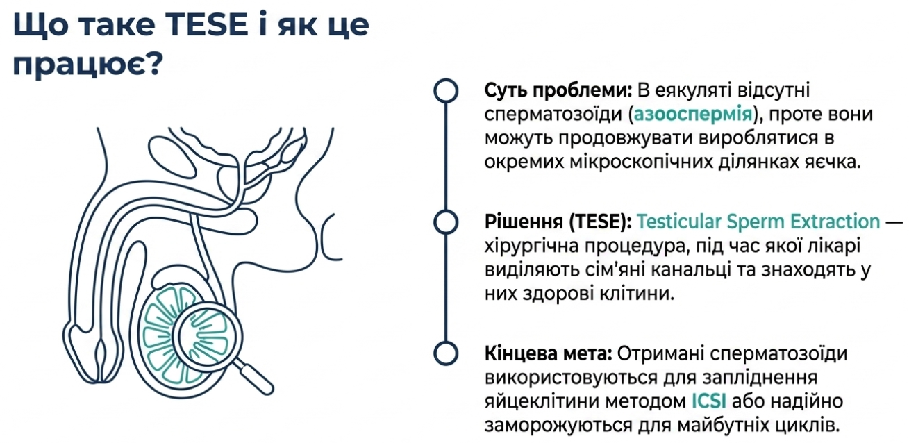 Схема TESE: отримання сперматозоїдів із тканини яєчка для ICSI
