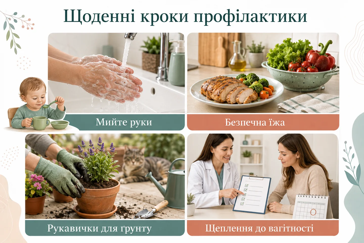 Профілактика: миття рук, безпечна їжа, рукавички при роботі з ґрунтом і щеплення до вагітності