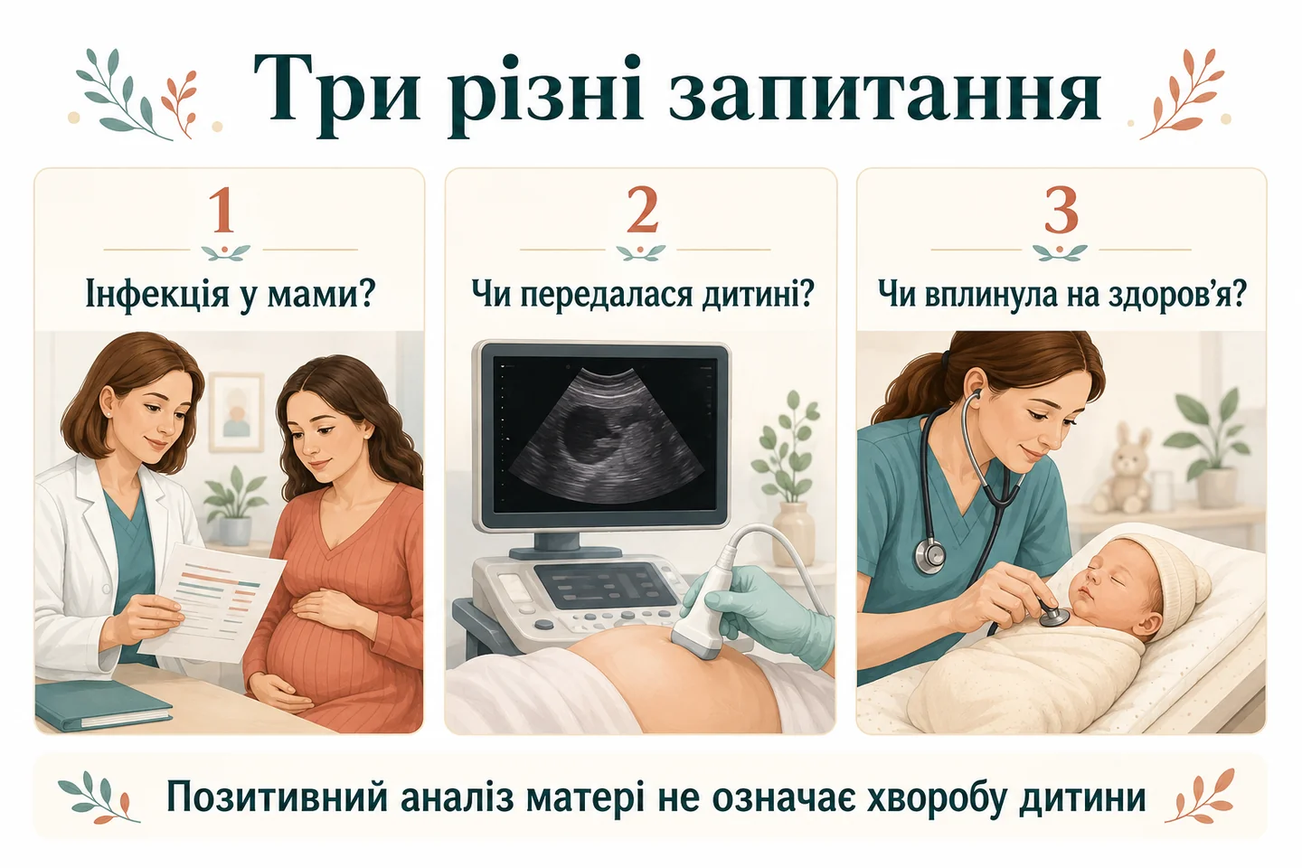 Три окремі запитання: інфекція у матері, передача дитині та вплив на здоров’я