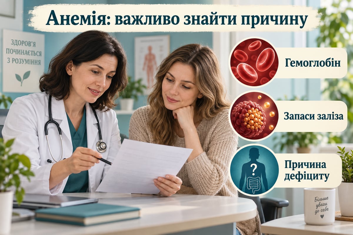 Лікарка пояснює пацієнтці значення гемоглобіну, запасів заліза та пошуку причини дефіциту
