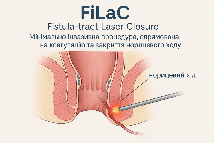 Схема лазерного закриття анальної нориці FiLaC із радіальним зондом у норицевому ході