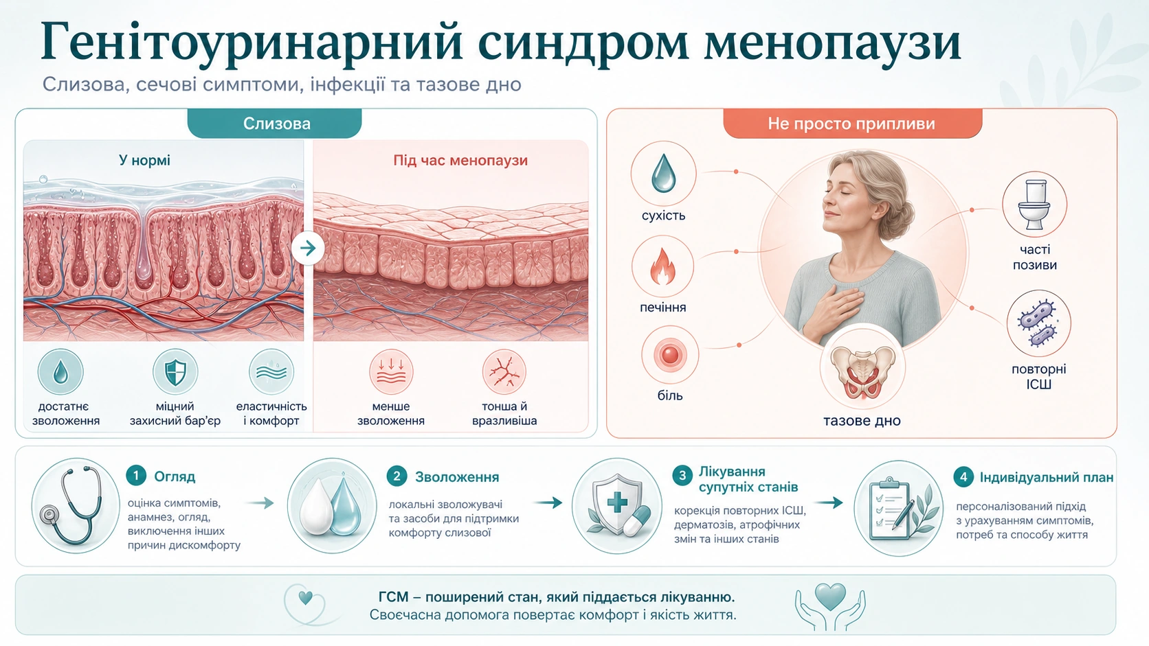 Інфографіка про генітоуринарний синдром менопаузи: слизова, сечові симптоми, тазове дно
