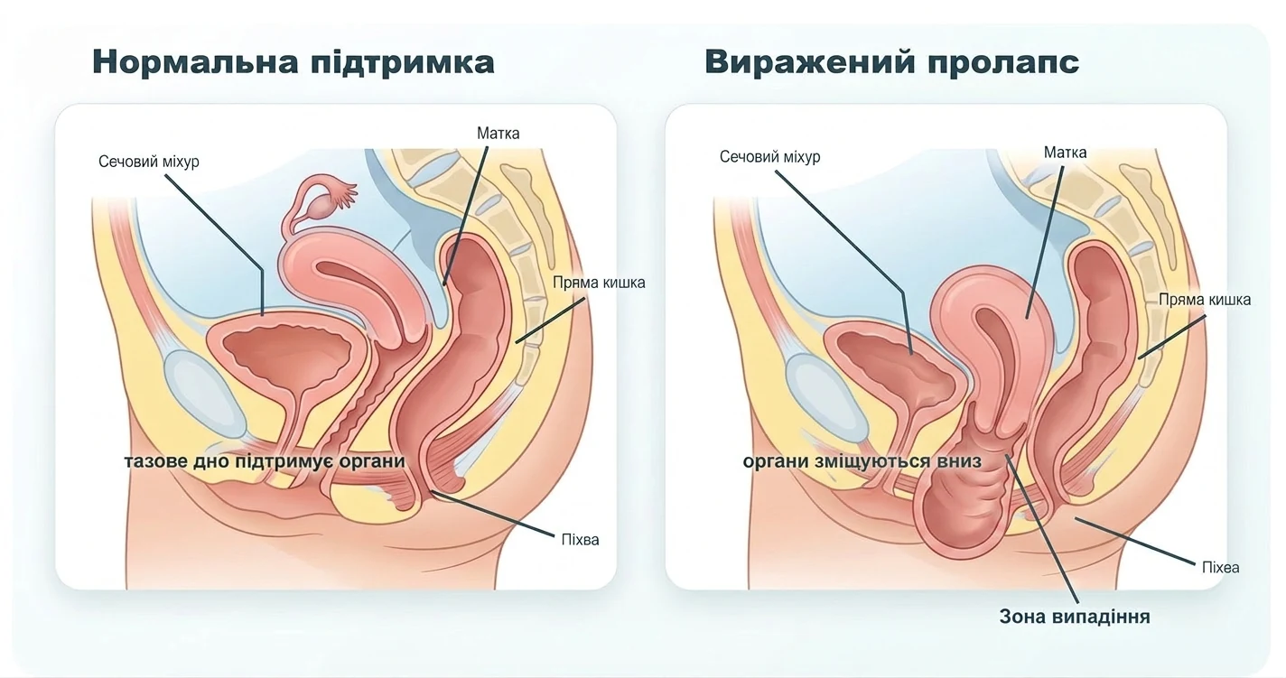 Порівняння нормальної підтримки тазових органів і вираженого пролапсу