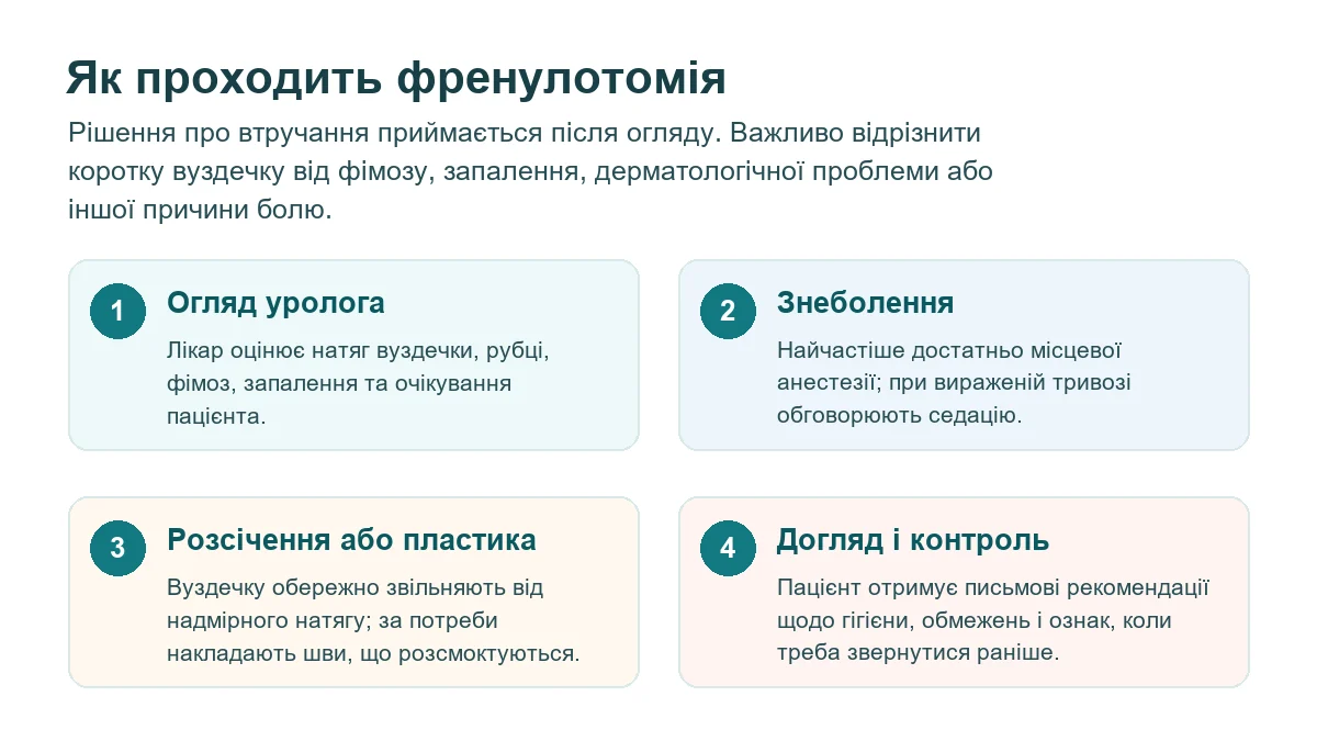 Схема етапів френулотомії: огляд уролога, знеболення, пластика вуздечки, догляд і контроль