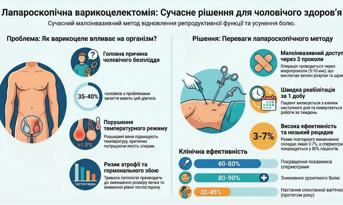 Лапароскопічна варикоцелектомія: схема малоінвазивного доступу і перев'язки розширених вен