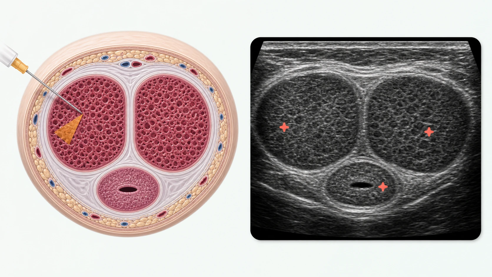 Modern medical illustration of a penile cross-section and matching ultrasound view during Doppler pharmacological testing
