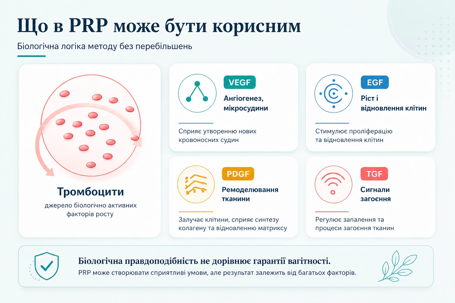 Компоненти PRP: тромбоцити, VEGF, EGF, PDGF, TGF і біологічна логіка впливу на ендометрій