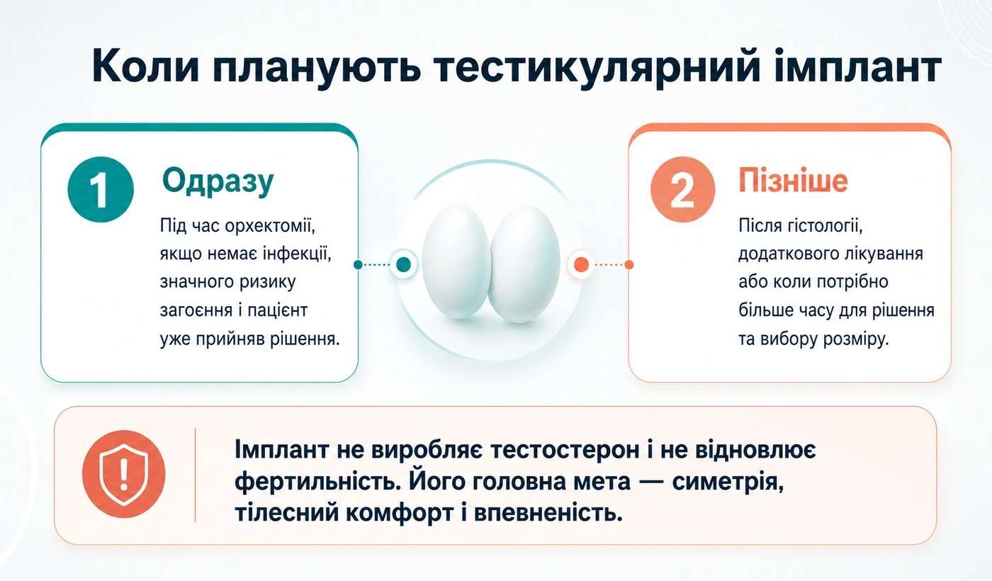 Схема вибору часу для тестикулярного імпланта: одразу під час орхектомії або пізніше