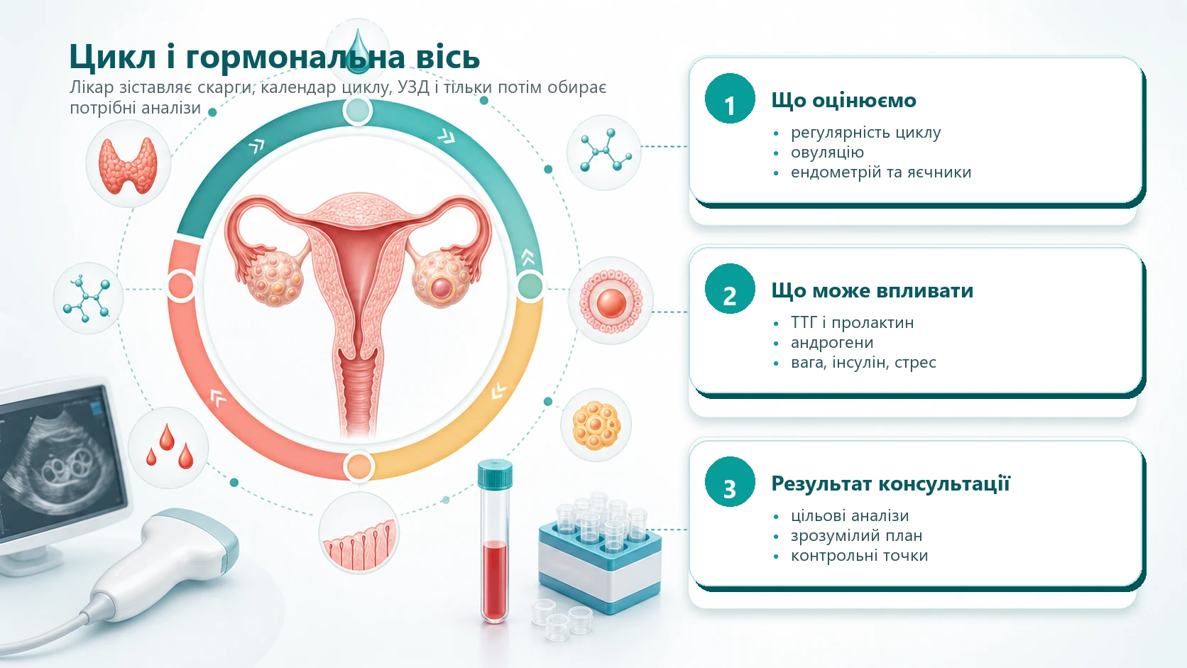 Інфографіка: цикл, овуляція, ендометрій, яєчники та цільові аналізи на консультації гінеколога-ендокринолога