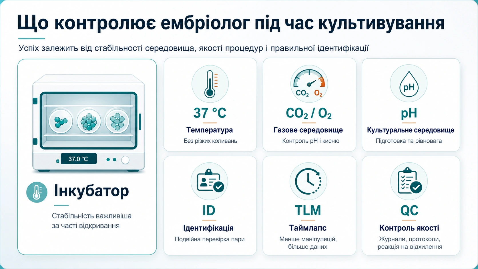 Схема контролю умов ембріологічної лабораторії: температура 37 градусів, CO2, O2, pH, ідентифікація, таймлапс і контроль якості