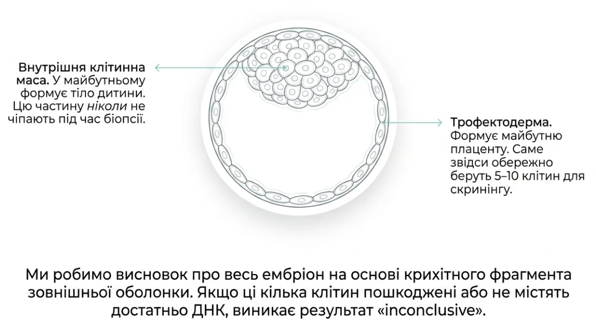 Схема бластоцисти: під час ПГТ досліджують клітини трофектодерми, а не весь ембріон повністю