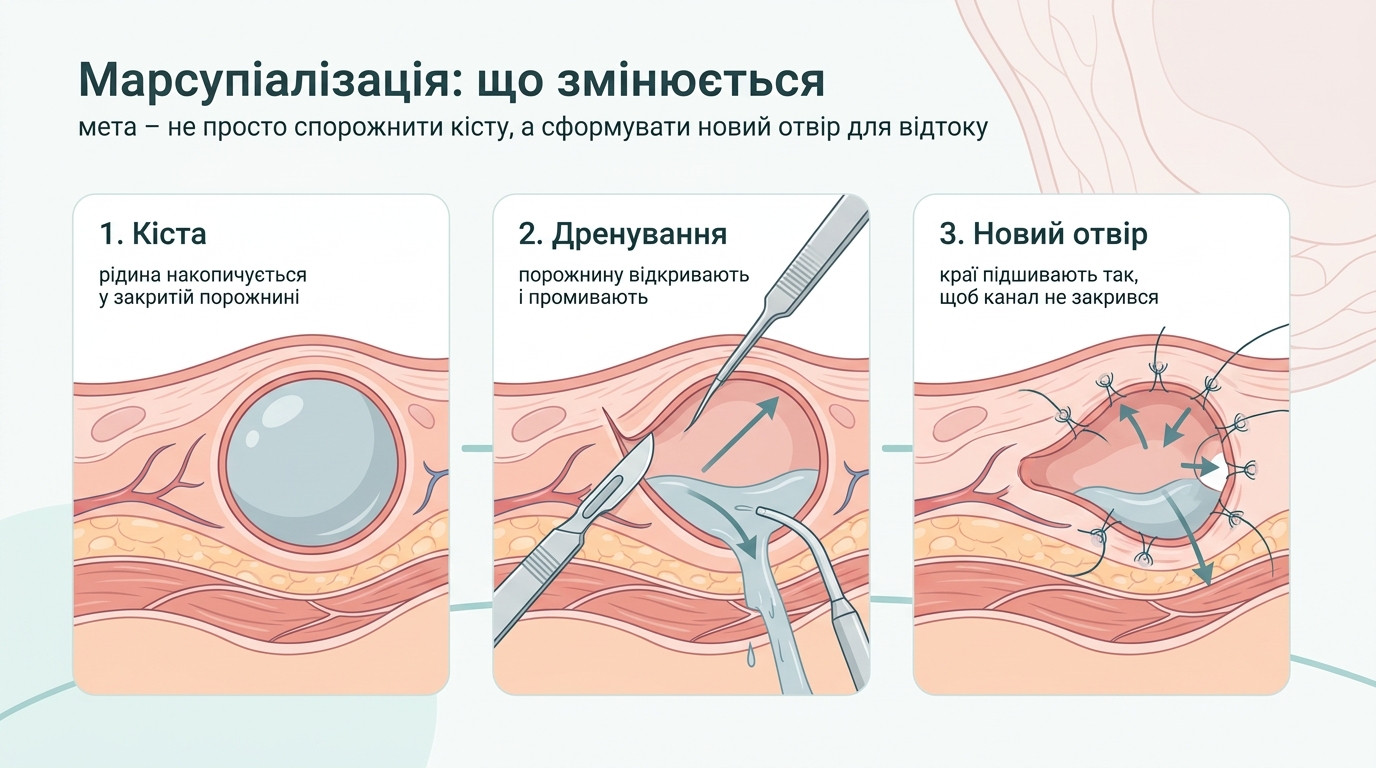 Три етапи марсупіалізації кісти бартолінової залози: кіста, дренування, новий отвір