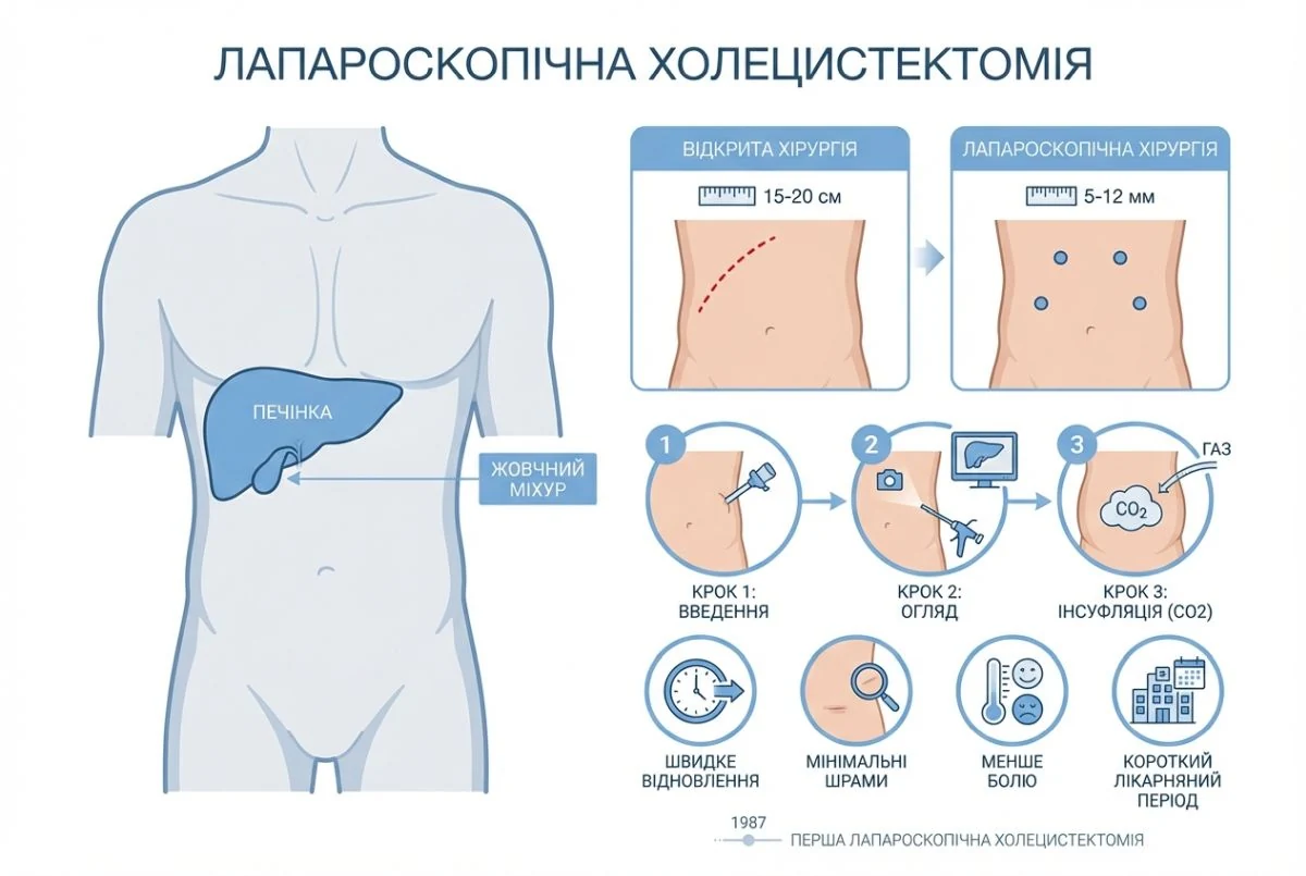 Схема лапароскопічної холецистектомії з жовчним міхуром, камерою та малими проколами черевної стінки