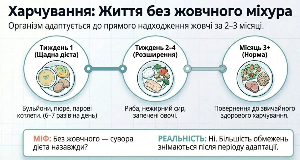 Харчування після холецистектомії: невеликі порції, менше жирної їжі та поступове повернення до раціону