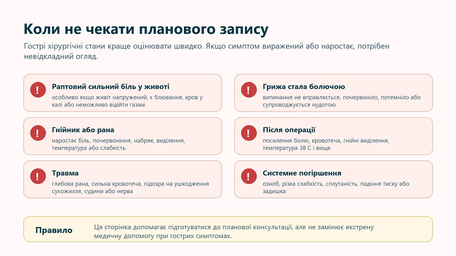 Ознаки, з якими не варто чекати планової консультації хірурга