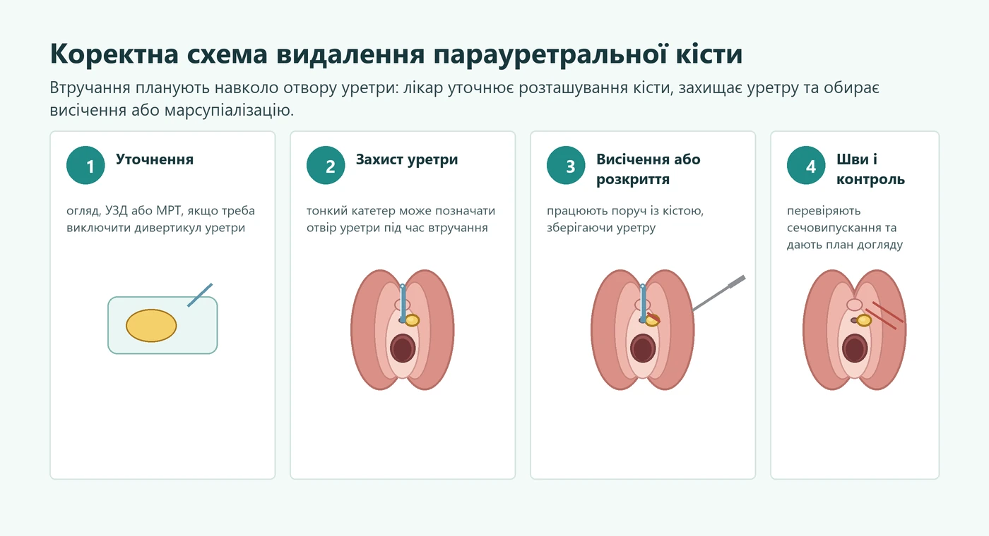 Коректна схема видалення або марсупіалізації парауретральної кісти біля уретри